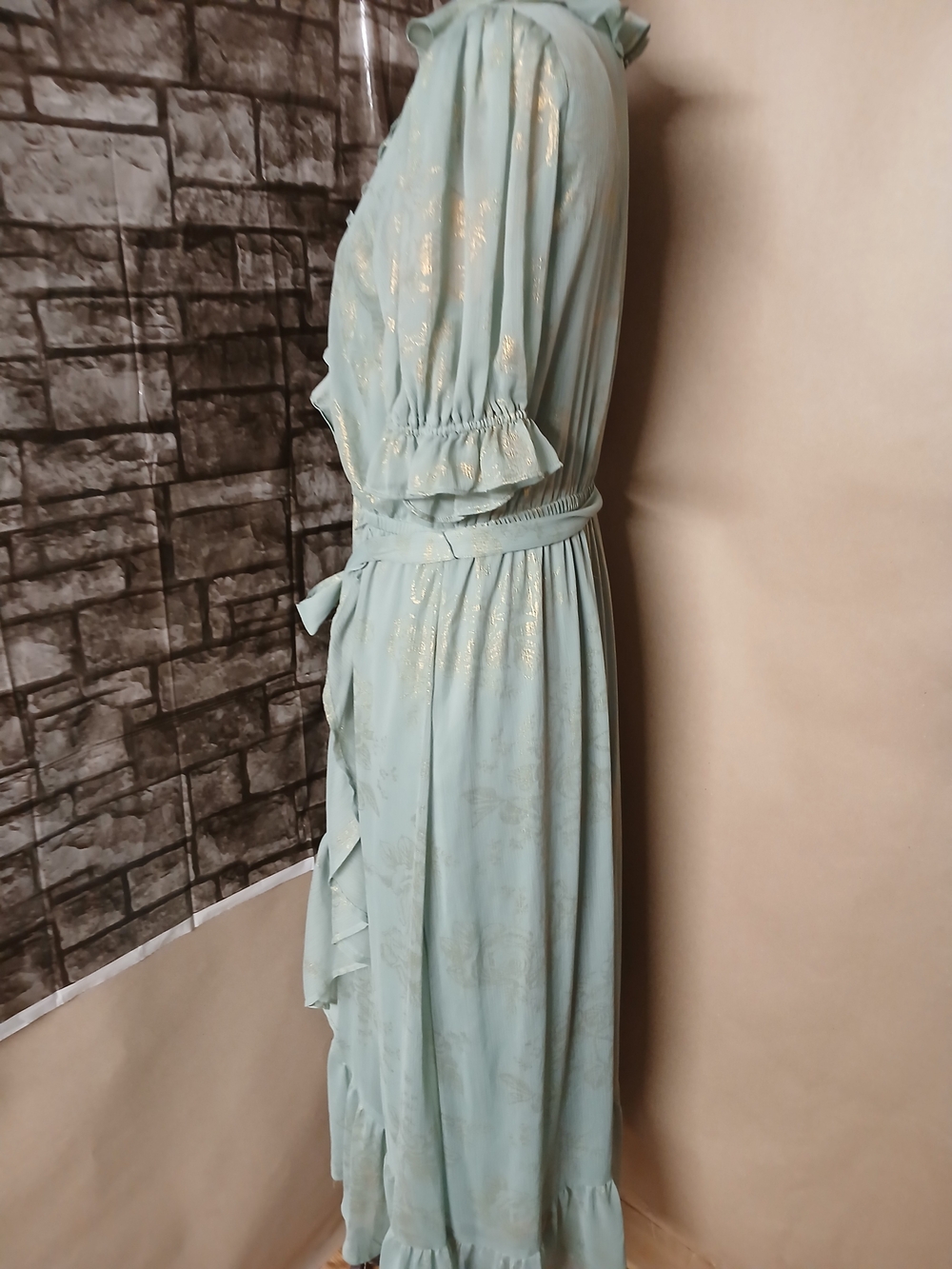 LC Lauren Conrad Sage Green Ruffle Wrap Midi Dress with Gold Accents - Picture 5 of 10